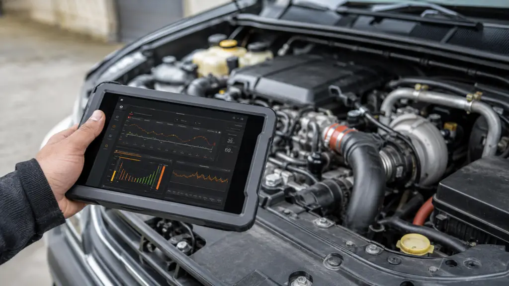 Live engine data being read on a diagnostic tablet to find why a DPF keeps blocking.